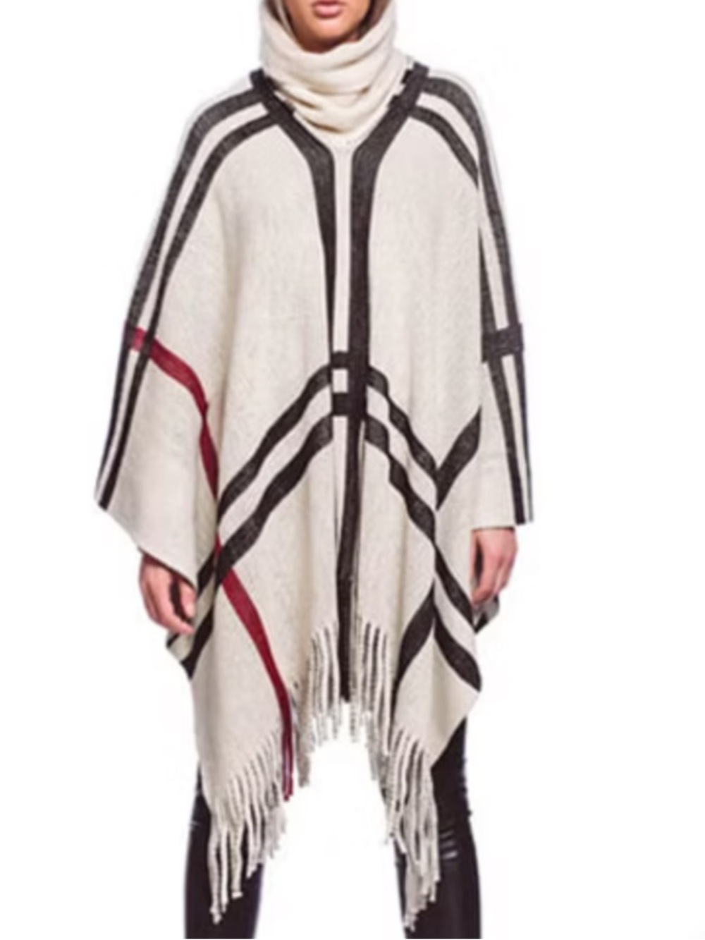 Kimberly.C Cream Fringe Throw Poncho with Black and Burgundy Stripe Detail -OS